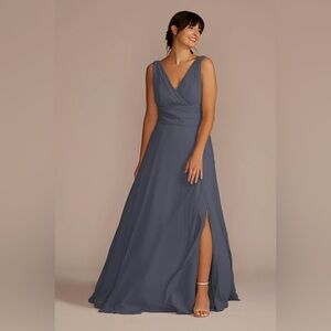 David's Bridal Pewter Long Chiffon Surplice Tank Dress